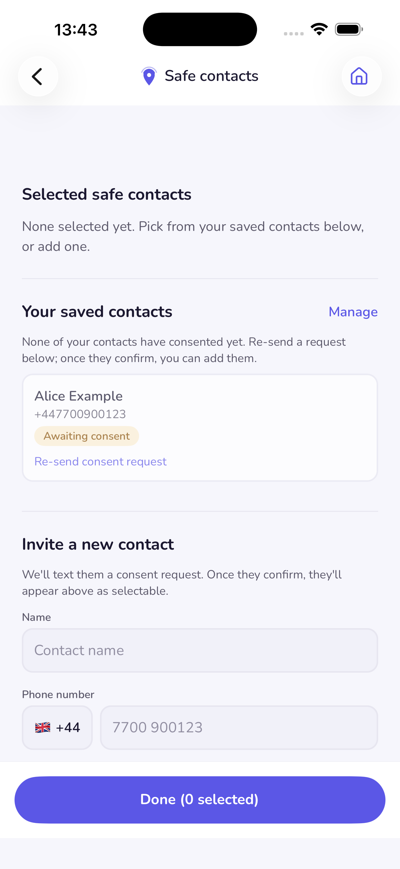 MySafeMeet contacts screen — manage your trusted safe contacts