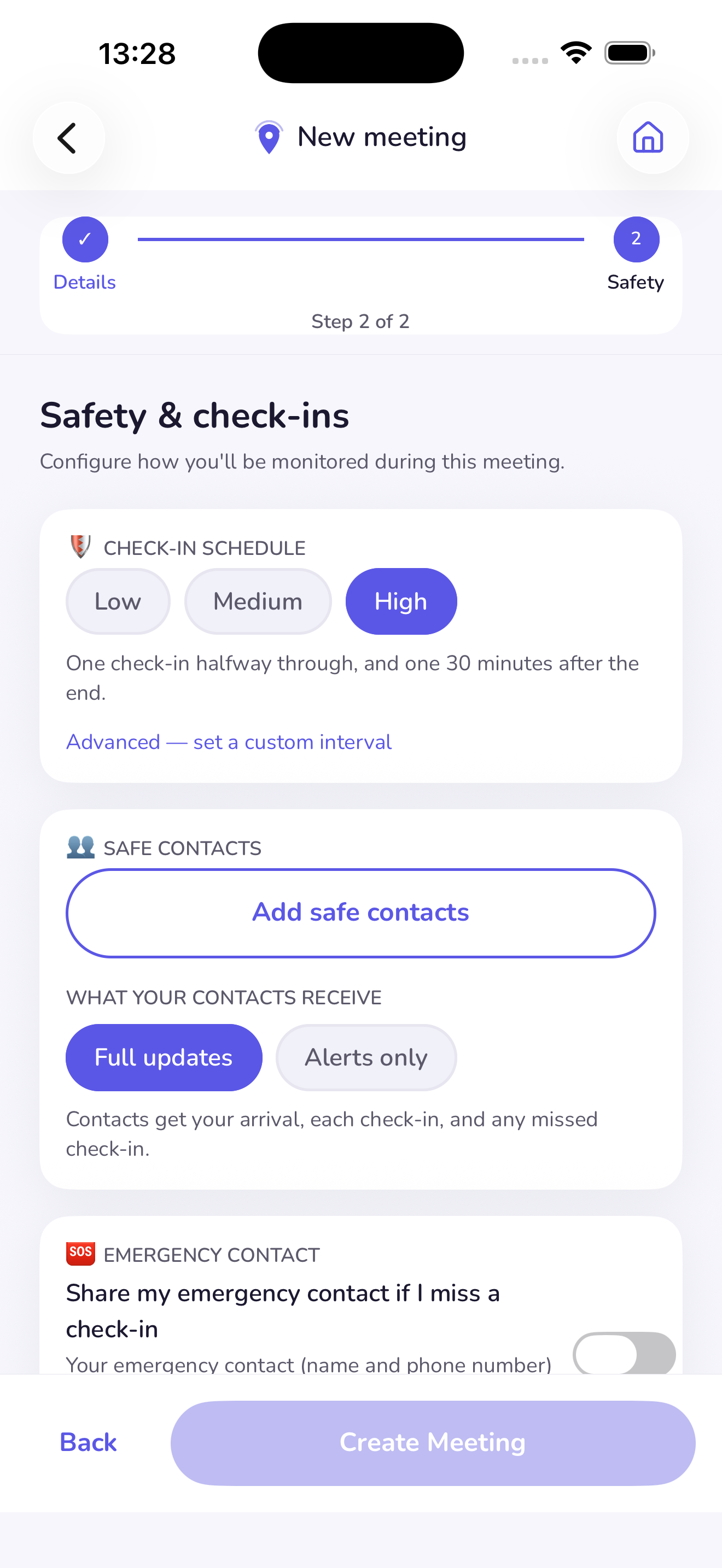 MySafeMeet safety screen — active meeting monitoring view