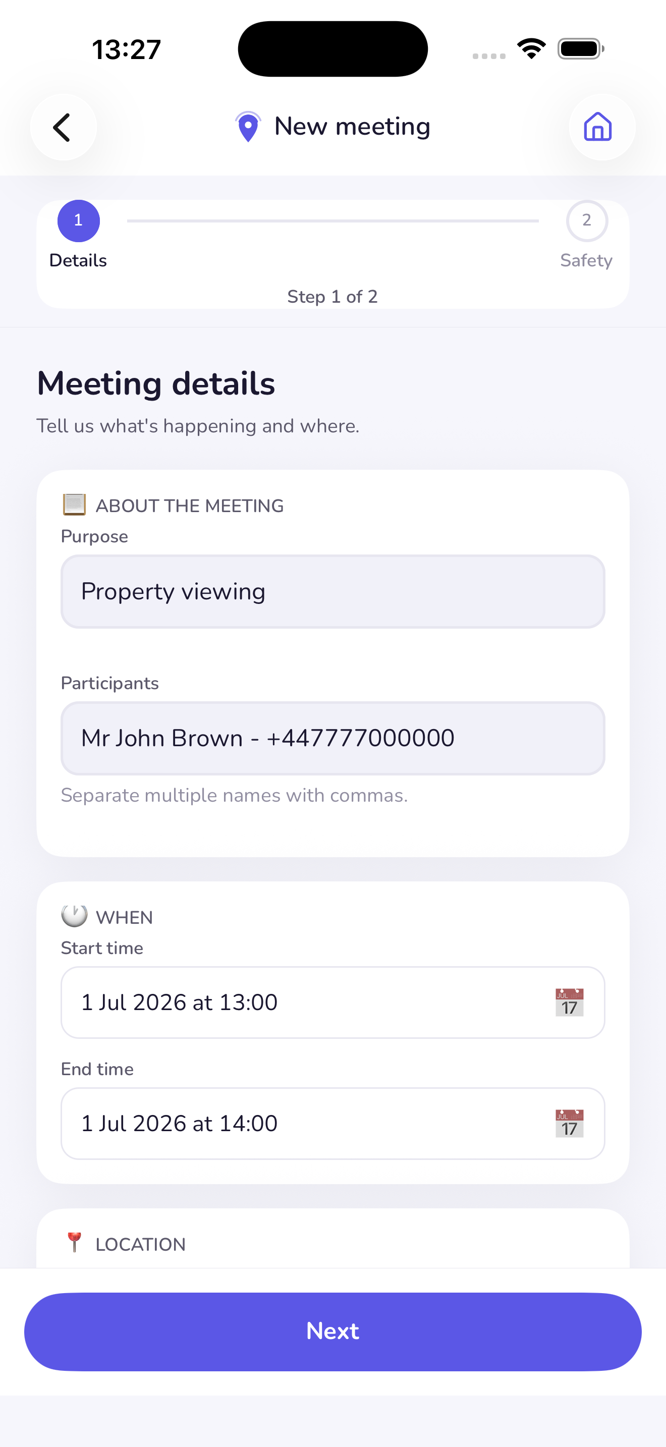 MySafeMeet schedule screen — set meeting time, location, and check-in frequency