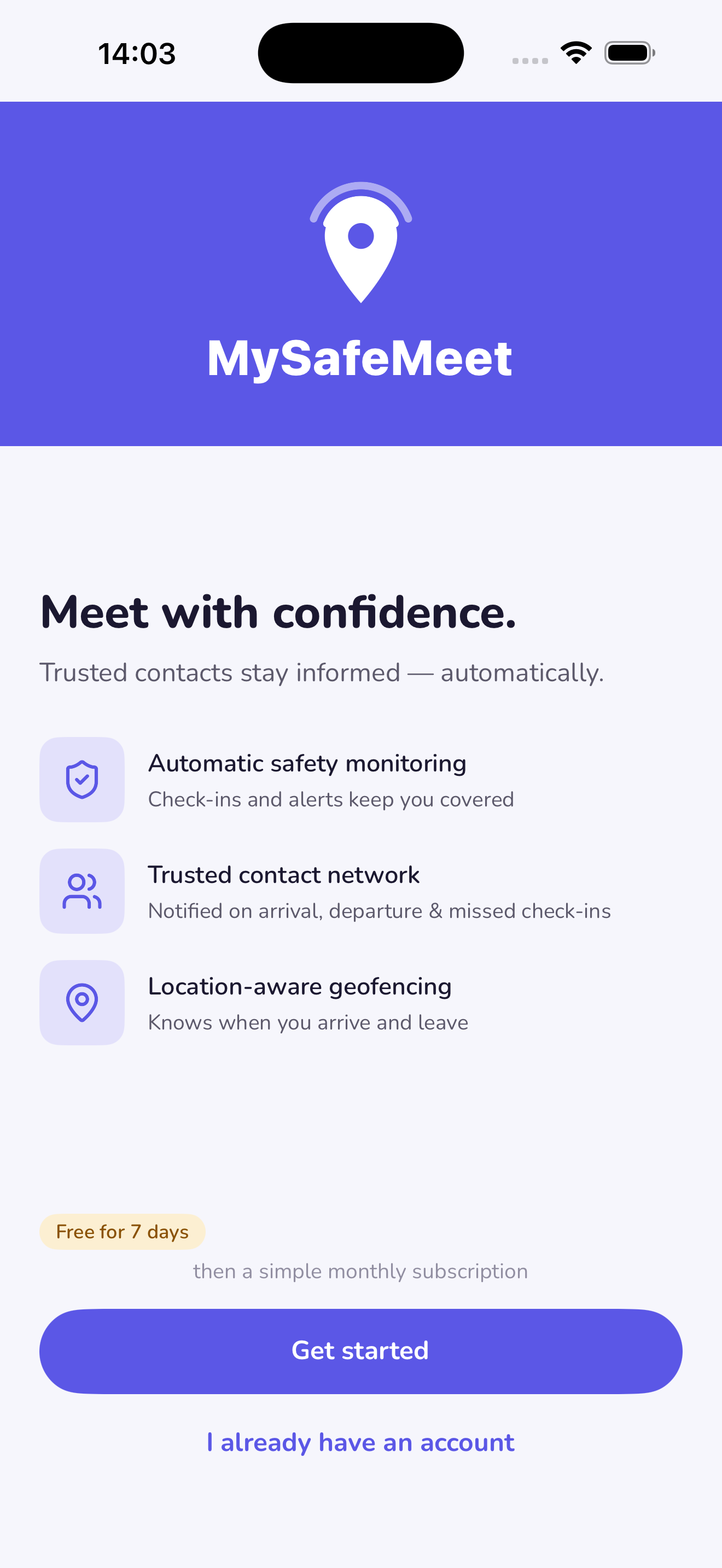 MySafeMeet welcome screen — schedule a meeting and add your safe contacts